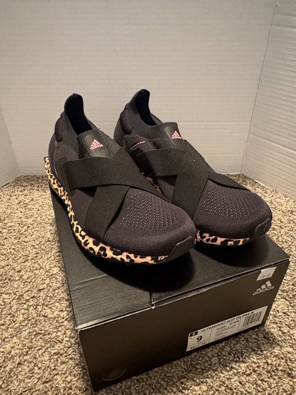adidas Black Ultraboost Slip-On DNA Sneakers with Leopard-Print Midsole